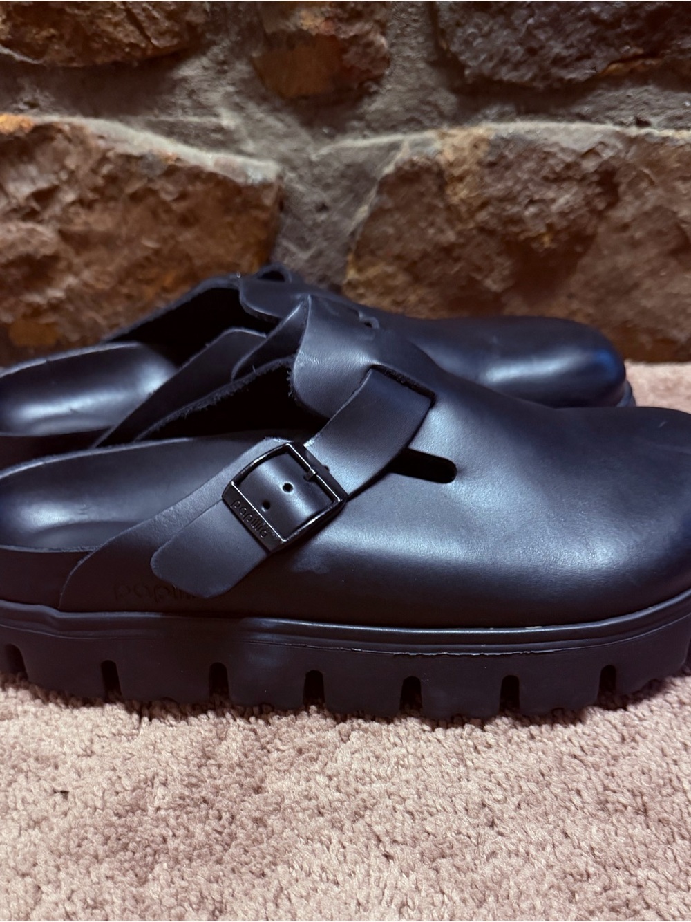 Birkenstock Papillio Boston Chunky Exquisite Leather Clogs Black Platform Sz 9 - Picture 2 of 6